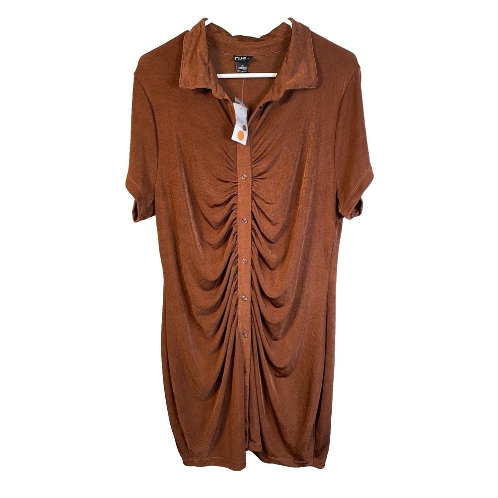 NEW Women's Rue21 Rue + Dress 3X‎ Slinky Stretchy Spandex Brown Button Up Casual